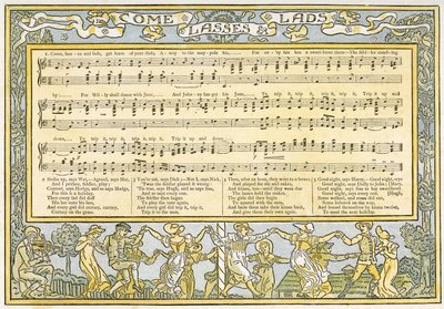 &39;Come Lasses und Lads, saia de seus pais, vá para o pólo de maio, ilustração de músicas de&39; Pan-Pipes &39;, Um livro de canções antigas, recém-arranjado e com acompanhamentos de Theo. Marzials, publicado em de Walter Crane